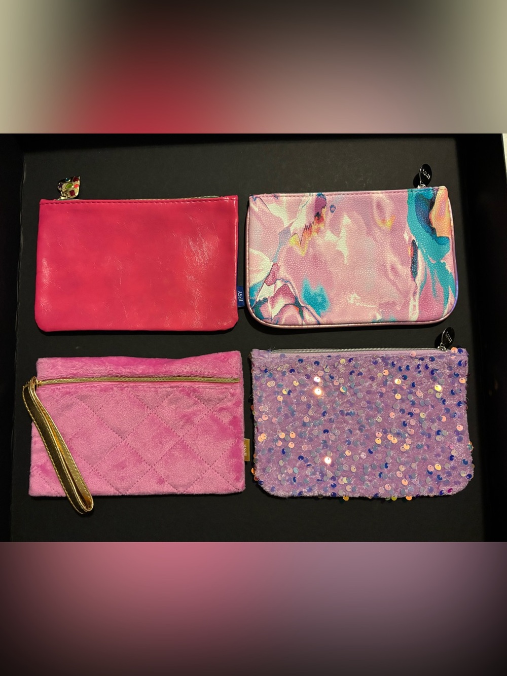 ipsy Pink & Multicolor Cosmetic Pouch Set - Sequins, Faux Fur, Quilted, Printed